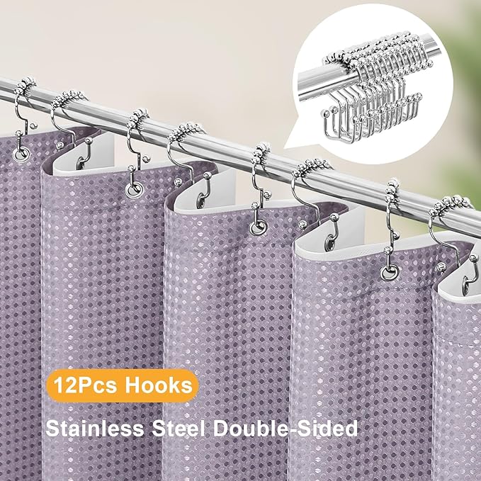 3 in 1 Long Purple Shower Curtain Set-72 W x 78 H, Lavender Waffle and PEVA Liner Set with 12 Stainless Steel Hooks, Waterproof Fabric for Bathroom
