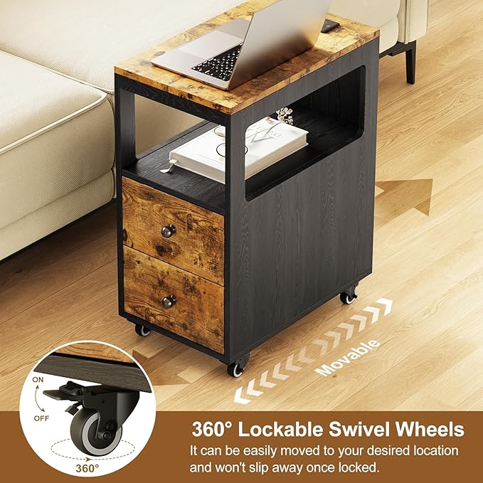 Narrow End Table with Charging Station and Wheels, Movable Narrow End Table with USB Ports and Outlets for Small Space, Living Room, Bedroom and Office, with 4 Wheels ( Rustic Brown + Black)