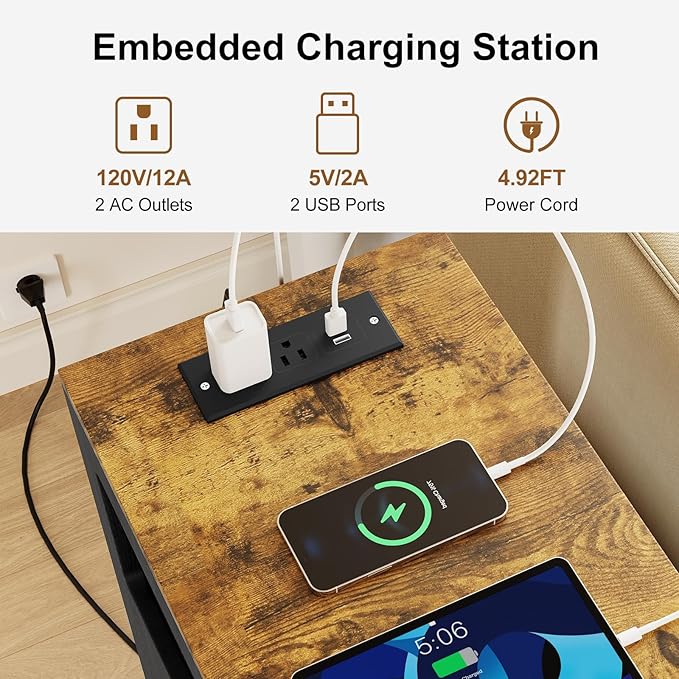 Narrow End Table with Charging Station and Wheels, Movable Narrow End Table with USB Ports and Outlets for Small Space, Living Room, Bedroom and Office, with 4 Wheels ( Rustic Brown + Black)