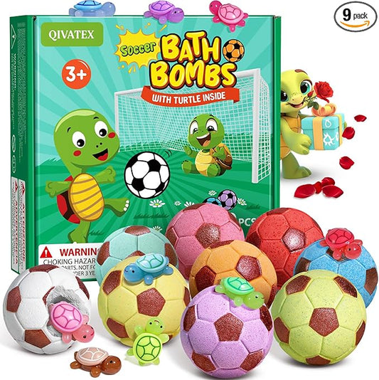 Bath Bombs with Surprise Toys Inside, Soccer Gifts for Kids Boys Girls, 9 Kids Bath Bombs Gift Set, Handmade Nature Bubble Bath Fizzes Bomb, Birthday Gifts for Kid