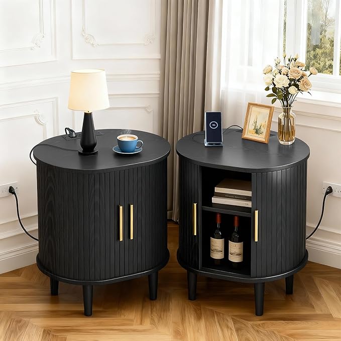 Nightstands Set of 2 & Charging Station, Fluted Accent Side Table with Sliding Door & Adjustable Shelf, Mid-Century Modern End Table for Small Space, Living Room, Bedroom (2, Black)