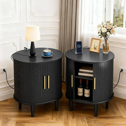 Nightstands Set of 2 & Charging Station, Fluted Accent Side Table with Sliding Door & Adjustable Shelf, Mid-Century Modern End Table for Small Space, Living Room, Bedroom (2, Black)
