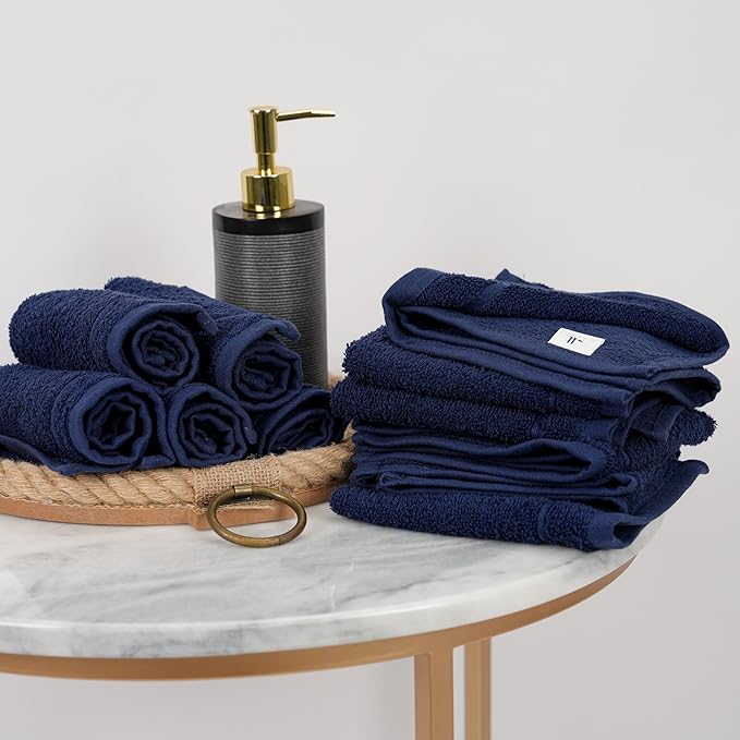 Tens Towels Pack of 24 Washcloths, 12 x 12 Inches, Lighter Weight, Quick to Dry, Super Soft & Absorbent, Gentle Face Towels, Hotel Quality, Perfect for Bathroom, Gym, Spa (Navy, 24 Pack)