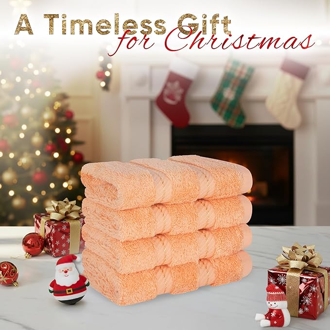 American Soft Linen Luxury Washcloths for Bathroom, 600 GSM 100% Cotton 4 Piece Turkish Wash Cloth Set, 13x13 in Soft Rags for Body and Face, Peach Washcloths