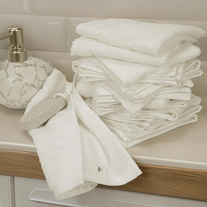 Tens Towels Pack of 60 Washcloths, 12 x 12 Inches, Lighter Weight, Quick to Dry, Super Soft & Absorbent, Gentle Face Towels, Hotel Quality, Perfect for Bathroom, Gym, Spa (Ivory, 60 Pack)