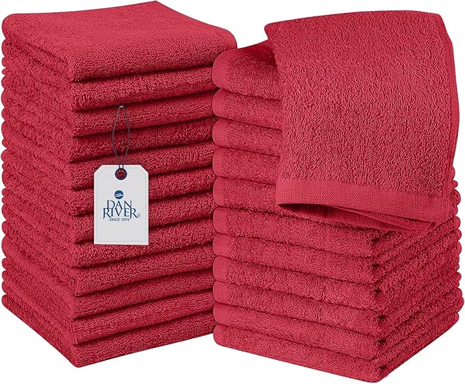 DAN RIVER 24 Pack Wash Cloths for Showering [12x12] - 100% Cotton Washcloths Premium Quality Flannel Face Cloths for Bathroom, Highly Absorbent and Soft Feel Wash Clothes, Red