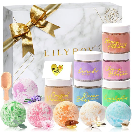 Luxury Christmas Gifts 15-Piece Floral 6 x 150g Bath Salt & 6 x 100g Bath Bomb Gift Set for Mothers Day Gifts, Bath & Body Gift Set for Women, Self Care Kit Elegant Box | Birthday Gifts