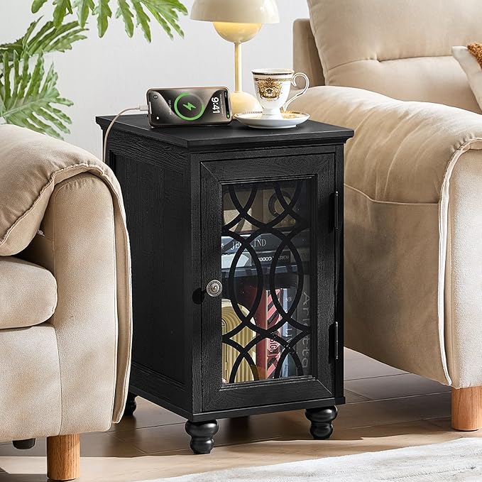 Narrow Side Table with Charging Station Set of 2, Night Stand with Glass Door,Bedside End Tables with Adjustable Shelf Storage Cabinet,Wood Nightstand for Small Spaces Living Room Bedroom