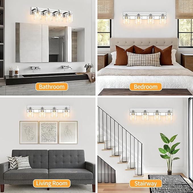 4 Light Modern Bathroom Light Fixtures Over Mirror, Chrome Vanity Lights for Bathroom Wall Sconces with Clear Glass Shades, E26 Socket (Bulbs Not Included)