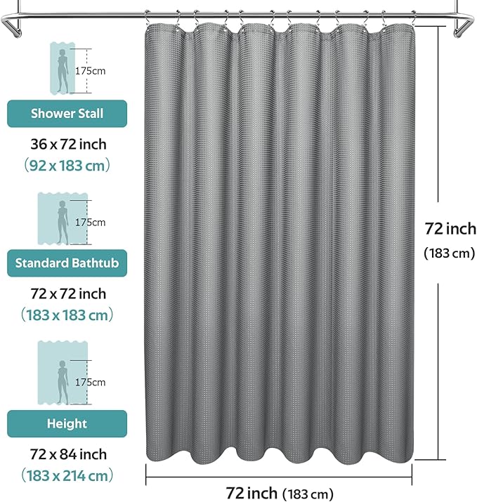 3 in 1 Shower Curtain Set, Waffle Shower Curtain and Liner Set with 12 Double Sided Shower Curtain Hooks, 258GSM Luxury Weighted Cloth Shower Curtains for Bathroom, 72 W x 72 H, Grey