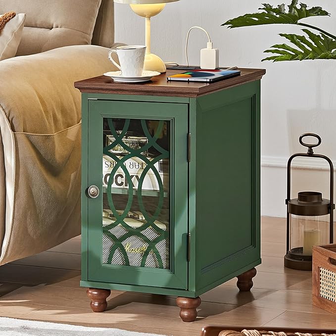 Narrow Side Table with Charging Station Set of 2, Night Stand with Glass Door,Bedside End Tables with Adjustable Shelf Storage Cabinet,Wood Nightstand for Small Spaces Living Room Bedroom