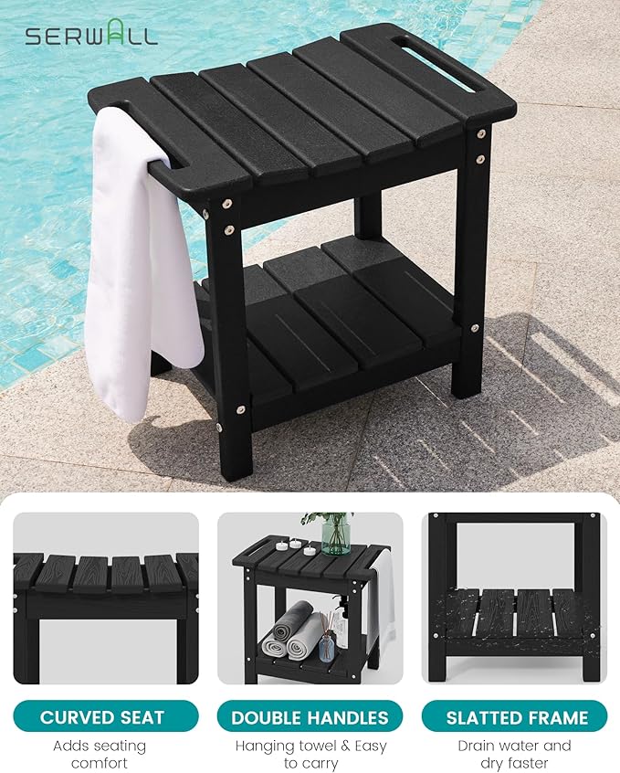 SERWALL Shower Bench, 18" Shower Stool for Inside Shower, HDPE Waterproof Shower Seats for Adults with Storage Shelf & Handles, 360 lbs Capacity- Black