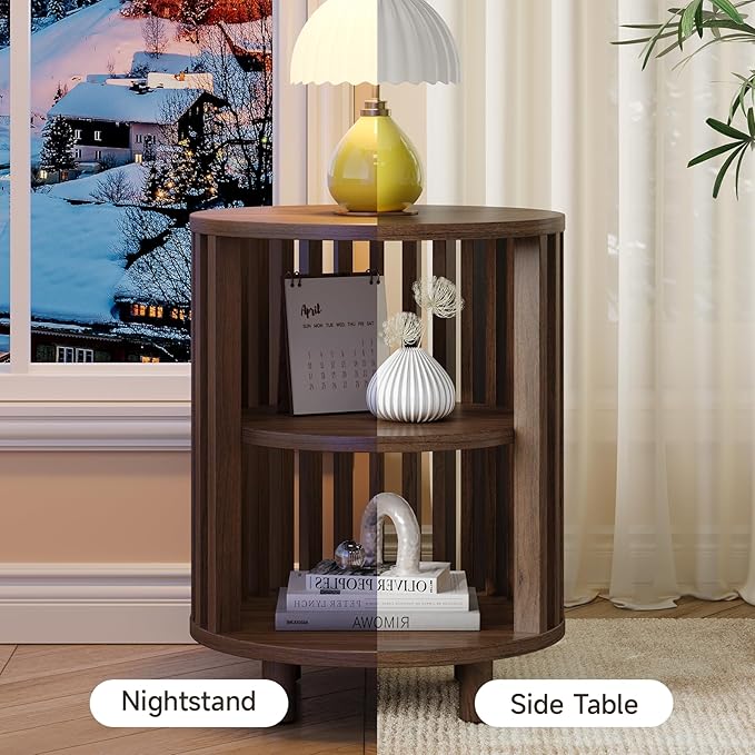 Round End Table, Wood Bedside Table, Mid Century Modern Nightstand with Open Storage Shelf, 3 Tier Small Side Tables for Living Room, Bedroom, Curved Profile Design, Walnut(1-Pack)