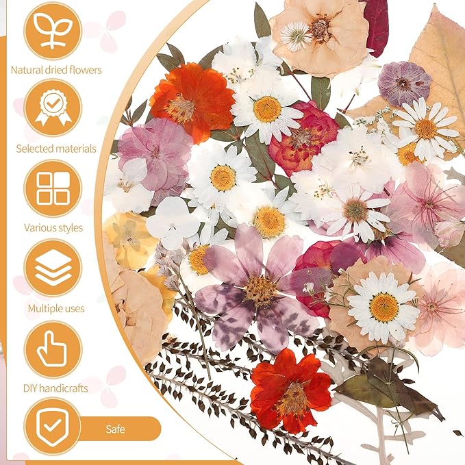 100 Pcs Dried Pressed Flowers, Real Natural Dried Wildflowers Leave with Tweezer Floral Decoration for DIY Crafts, Candle Making, Resin Mold and Scrapbooking Mixed Yellow