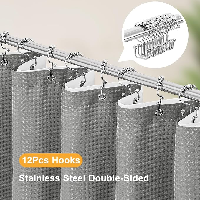 3 in 1 Long Shower Curtain Set-72 W x 78 H, Grey Waffle and PEVA Liner Set with 12 Stainless Steel Hooks, Waterproof Fabric for Bathroom