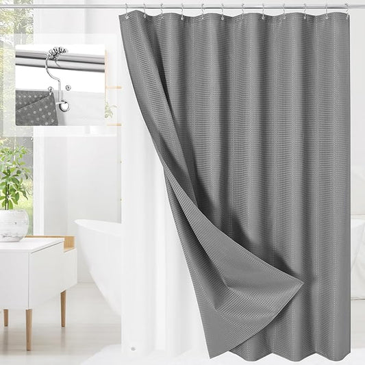 3 in 1 Extra Long Shower Curtain Set-72 W x 84 H, Grey Waffle and PEVA Liner Set with 12 Stainless Steel Hooks, Waterproof Fabric for Bathroom