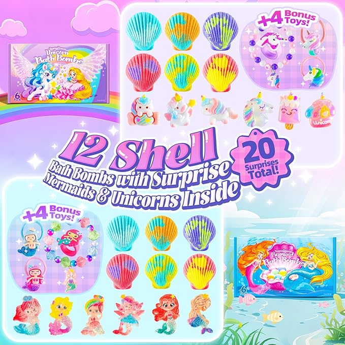 Shell Bath Bombs for Girls – 12 Pack Child-Safe Aromatherapy Bath Bombs with 20 Surprise Toys Inside, 6 Fruity Scents in 2 Gift Boxes (Mermaid & Unicorn Themes), Christmas Gift for Kids