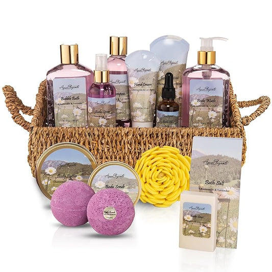 Bath Spa Gift Sets - Luxury Basket With Lavender & Chamomile - Spa Kit Includes Wash, Bubble Bath, Lotion, Bath Salts, Body Scrub, Body Spray, Shower Puff, Bathbombs, Soap and Towel