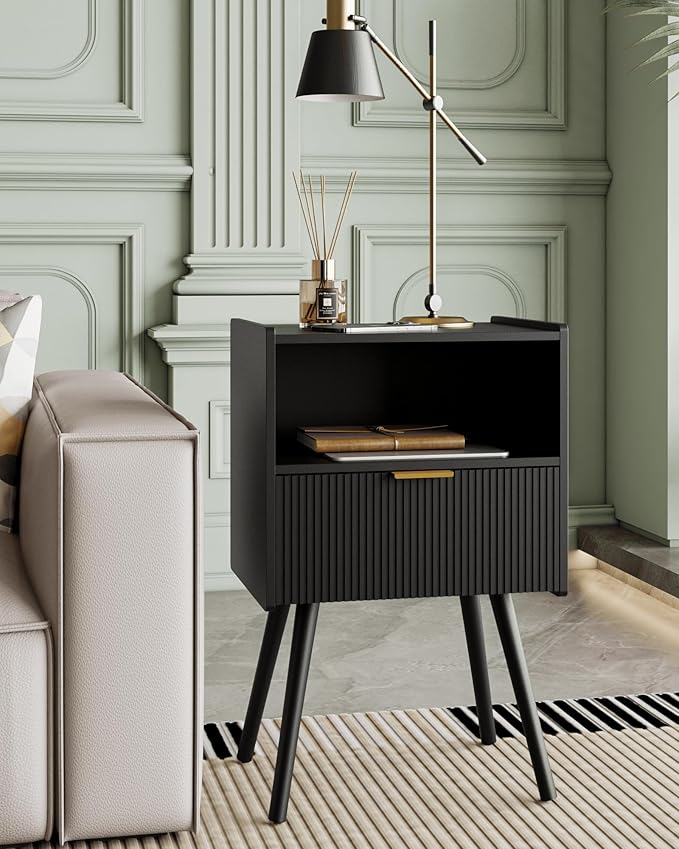 Nightstand,Modern Bedside Table with Storage Drawer and Open Wood Shelf, Accent Night Stand with Solid Wood Legs for Living Room, Bedroom and Small Spaces,Easy Assembly (Black)