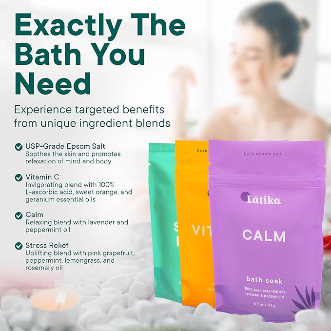 Latika Bath Soaks Set of 3 – Epson Salts for Soaking, Muscle Recovery & Skin Nourishment with Essential Oils | Relax, Rejuvenate & Destress | Lavender Mint, Vitamin C & Grapefruit