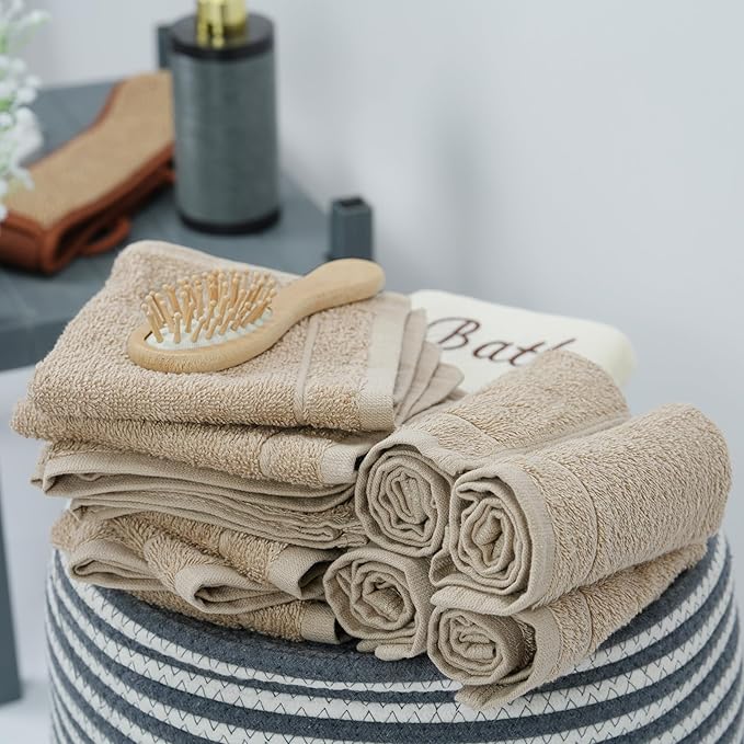 Tens Towels Pack of 60 Washcloths, 12 x 12 Inches, Lighter Weight, Quick to Dry, Super Soft & Absorbent, Gentle Face Towels, Hotel Quality, Perfect for Bathroom, Gym, Spa (Beige, 60 Pack)