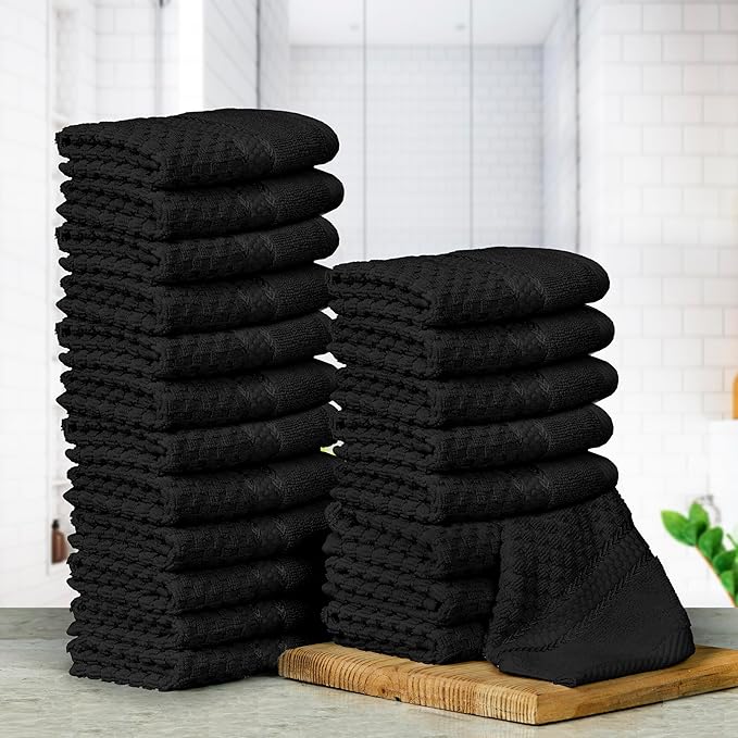 Ample Decor Washcloth Set of 20 Black 100% Cotton - Qucik Dry Popcorn Textured - Mulaayam Collection - 12 X 12 Inch