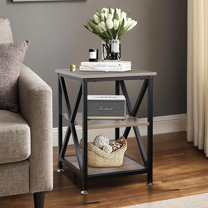 TooCust End Tables Living Room, 16" D x 16" W x 24" H, Indoor SideTables Living Room with Storage Shelf, Square End Table, X-Shaped Night Stands for Bedroom, Farmhouse Wood End Tables, Grey