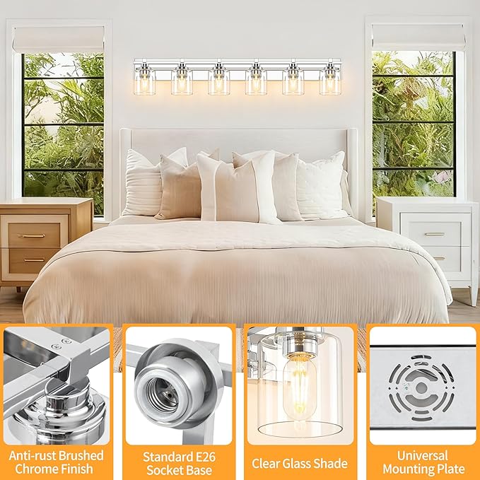 6 Light Modern Bathroom Light Fixtures Over Mirror, Chrome Vanity Lights for Bathroom Wall Sconces with Clear Glass Shades, E26 Socket (Bulbs Not Included)