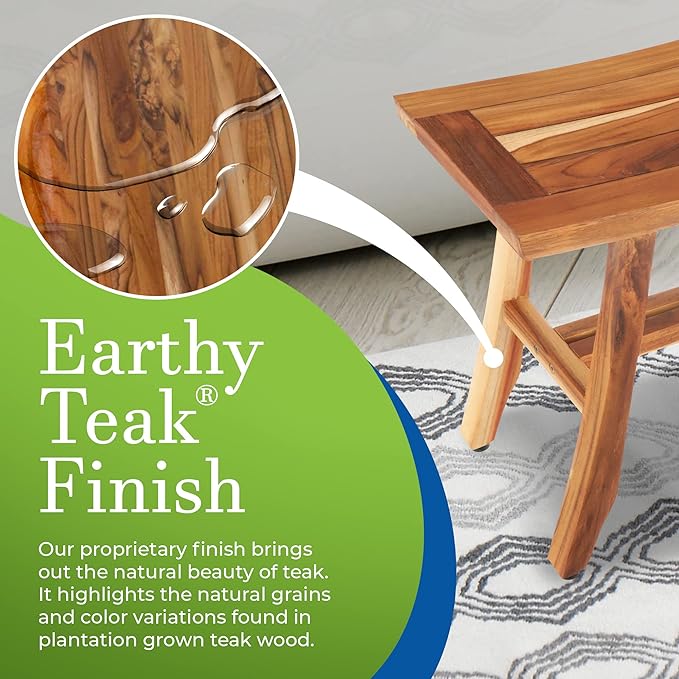 EcoDecors 24 Inch Satori Natural Teak Waterproof Teak Wood Shower Bench Stool Seat Chair for Inside Shower Provides Safety, Storage, and Organization for Bathroom Accessories