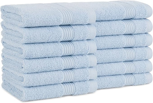 Arkwright Bath Washcloths 12 Pack - Super Soft 100% Cotton, 600 GSM Quick Dry & Absorbent, Luxury Face & Body Wash Cloth Towels for Hotels, Spa, and Vacation Rentals, Misty Blue