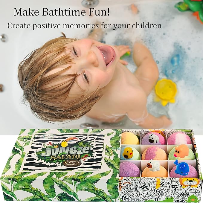 Bath Bombs for Kids with Surprise Inside, 12 Bubble Bath Fizzies with Jungle Animal Toys. Moisturizing, Gentle & Kids Safe, Rainbow Spa Bath Fizz, Birthday Gifts for Boys, Girls