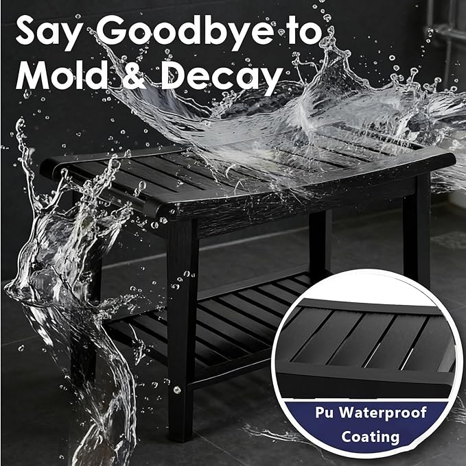Bamboo Shower Bench with Storage Shelf, Waterproof Bath Stool for Bathroom, Spa Chair for Sitting, Shaving Legs, Elderly & Senior Safe, Heavy-Duty Bath Bench Chair, 23", 300 lbs Capacity (Black)