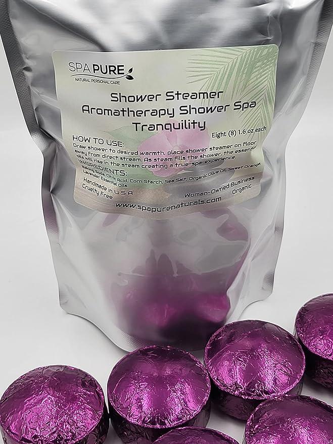 Spa Pure Tranquility Shower Steamers: Aromatherapy Shower Bombs Made in USA with 100% Natural/Organic Essential Oils - Transform Your Shower (8 Count) Pack of 1