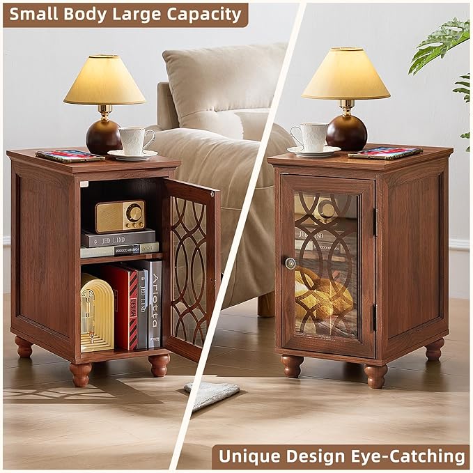 Narrow Side Table Set of 2 with Glass Door, 18 x 14'' Night Stand with Adjustable Shelf Storage Cabinet Organizer, Bedside End Tables Wood Nightstand for Small Spaces Living Room Bedroom