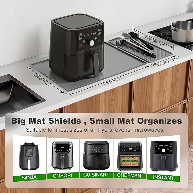 24x16 Inch Silicone Mat for Kitchen Counter, Kitchen Essentials and Gadgets - Silicone Air Fryer and Coffee Mat Set - Heat Resistant Mat for AirFryer, Microwave, Oven, Coffee Machine (Gray)