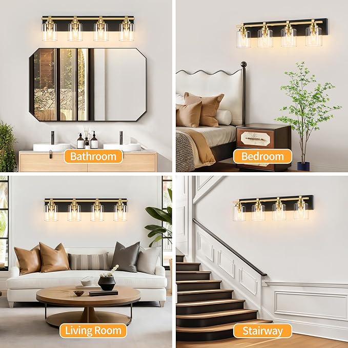 4 Light Modern Bathroom Light Fixtures Over Mirror, Black Gold Vanity Lights for Bathroom Wall Sconces with Clear Glass Shades, E26 Socket (Bulbs Not Included)