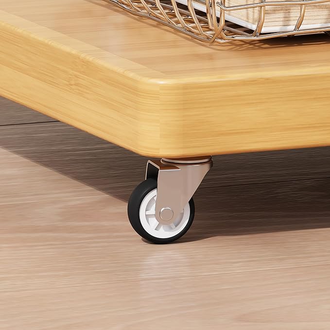 ZIYOO 3-Tier Solid Wood Mobile Side Table with Wheels, Wooden Night Stand, Unique Floating Design Storage Organizer for Bedroom, Living Room, Small Spaces, Natural Bamboo