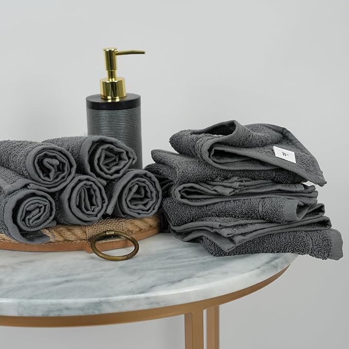 Tens Towels Pack of 12 Washcloths, 12 x 12 Inches, Lighter Weight, Quick to Dry, Super Soft & Absorbent, Gentle Face Towels, Hotel Quality, Perfect for Bathroom, Gym, Spa (Dark Grey, 12 Pack)