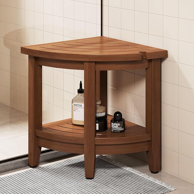 18" Teak Corner Shower Stool, Inside Shower Stool with Storage Shelf, Waterproof Teak Stool for Shaving Legs and to Sit On, 2-Tier Shower Stool,Adjustable Feet, Non-Slip, Brown