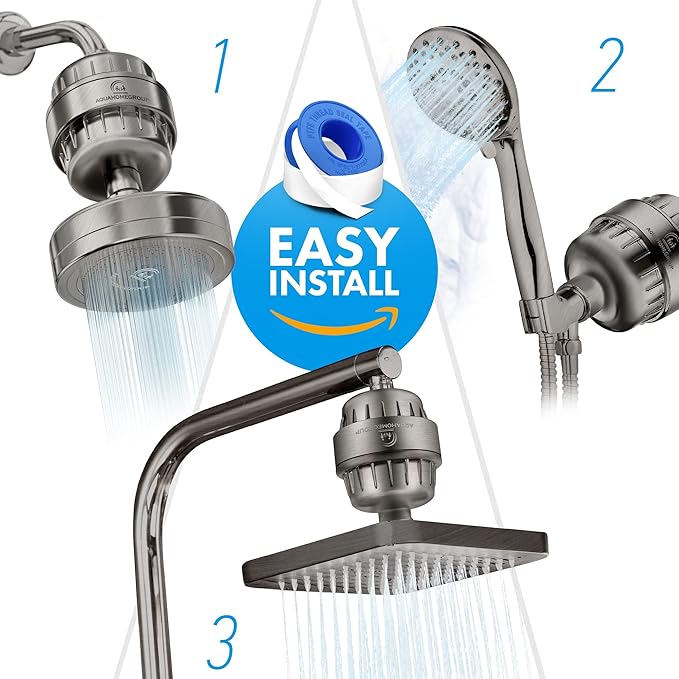 AquaHomeGroup 20 Stage Shower Head Filter with Vitamin C E A for Hard Water - High Output Filter to Remove Chlorine and Fluoride - 2 Replacement Cartridges - Consistent Flow Showerhead Filter