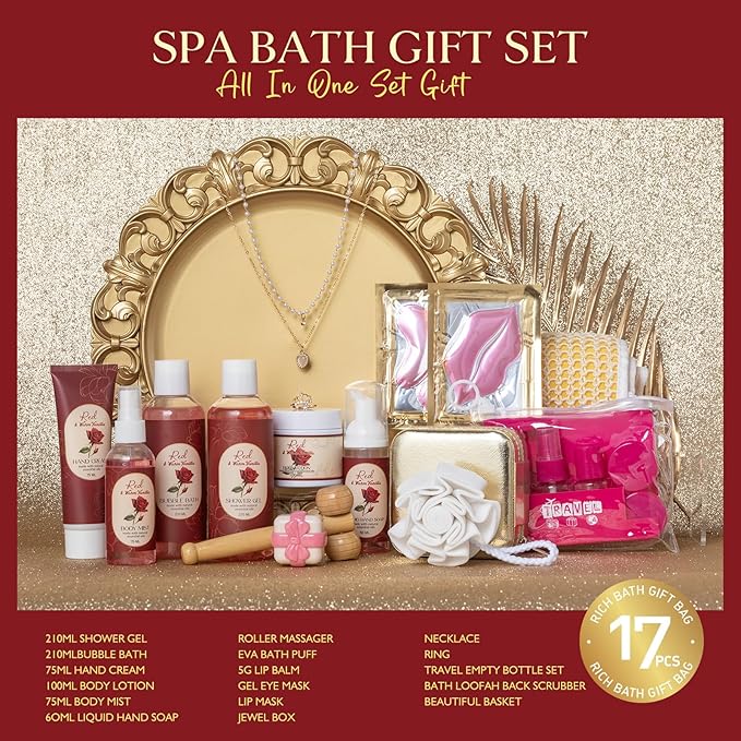 21Pcs Bath and Body Gift Basket Set for Women Christmas Gifts- Rose Vanilla XL Spa Gift Basket for Women Gifts｜ Bath Gift Set Home Spa Self Care Kit Necklace Finger Ring gift, Birthday Spa Gift