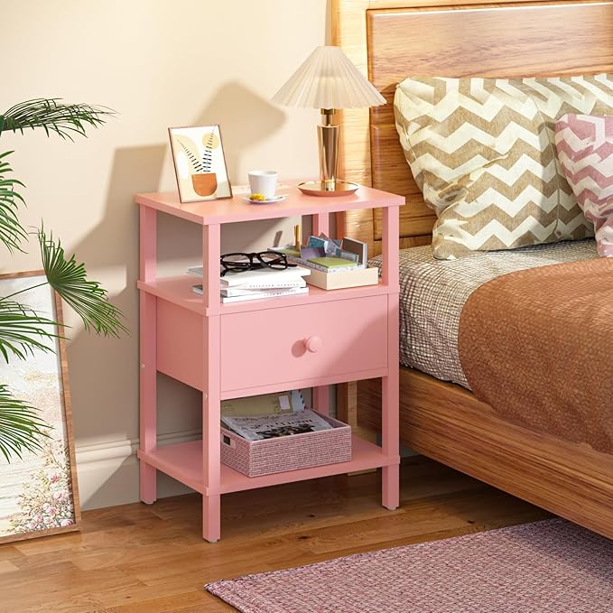 Lerliuo Nightstand with Charging Station and USB Ports, 3-Tier Storage Pink End Table with Drawer Shelf, Night Stand for Small Spaces, Wood Bedside Table for Living Room, Bedroom - ‌Light Pink