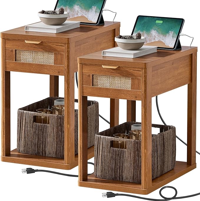 LEYAOYAO Narrow Side Table Set 2 with Charging Station, 24x14''Rattan Night Stand with Drawer Storage,Bedside End Table with Metel Handle for Small Spaces, Wood Boho Nightstand for Living Room Bedroom