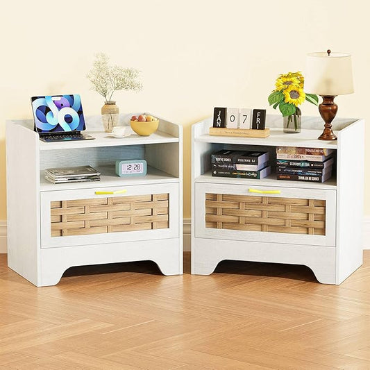 24" Rattan Nightstand Set of 2, White Bedside Table with Semi Open Cubby, Boho Night Stand with Farmhouse Arched Base for Bedroom, Side Table, End Table for Dorm