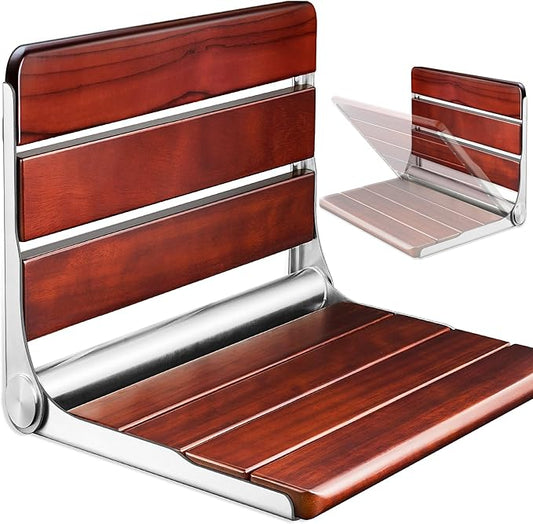 18.4" Folding Teak Shower Seat Wall Mounted – Fold Down Shower Chair, Solid Teak Wood Shower Bench with 304 Stainless Steel Frame, Wall Mount Shower Seat for Senior, Disabled, Bathroom, 400lb Capacity
