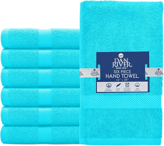 DAN RIVER 6-Pack Premium Hand Towels (16x28 Inches) - 100% Cotton, Ultra Soft, Lightweight, Highly Absorbent Towels for Bathroom, Spa, Gym, Salon, Hotel, and Travel - 550 GSM – Turquoise
