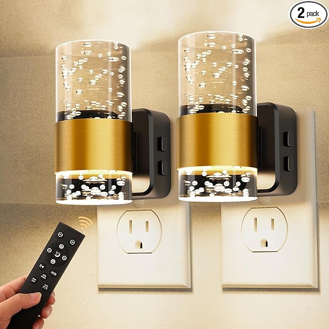 L LOHAS LED Night Light,[2-PACK] Dimmable Night Lights Plug into Wall with Remote Control, RGB Color Changing, Dusk to Dawn Sensor, Acrylic Bubble Nightlight for Bathroom