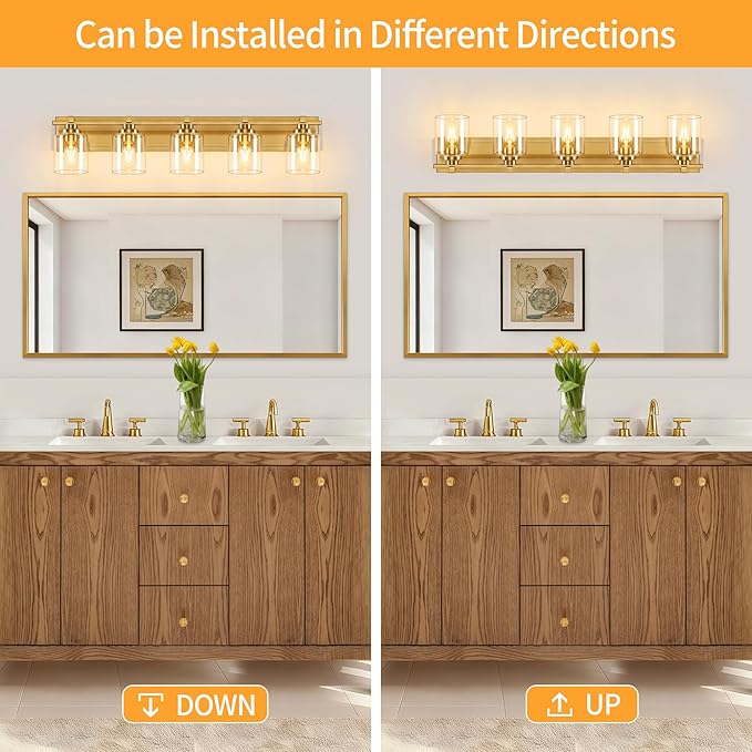 5 Light Modern Bathroom Light Fixtures Over Mirror, Brass Finish Vanity Lights for Bathroom Wall Sconces with Clear Glass Shades, E26 Socket (Bulbs Not Included)