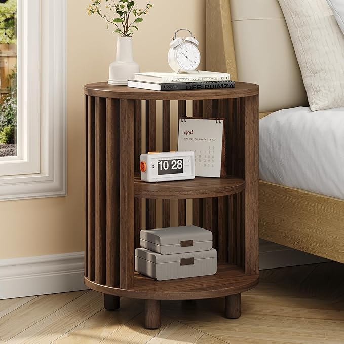 Round End Table, Wood Bedside Table, Mid Century Modern Nightstand with Open Storage Shelf, 3 Tier Small Side Tables for Living Room, Bedroom, Curved Profile Design, Walnut(1-Pack)