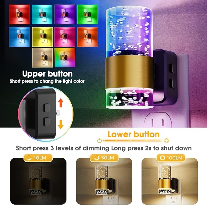 L LOHAS LED Night Light,[2-PACK] Dimmable Night Lights Plug into Wall with Remote Control, RGB Color Changing, Dusk to Dawn Sensor, Acrylic Bubble Nightlight for Bathroom